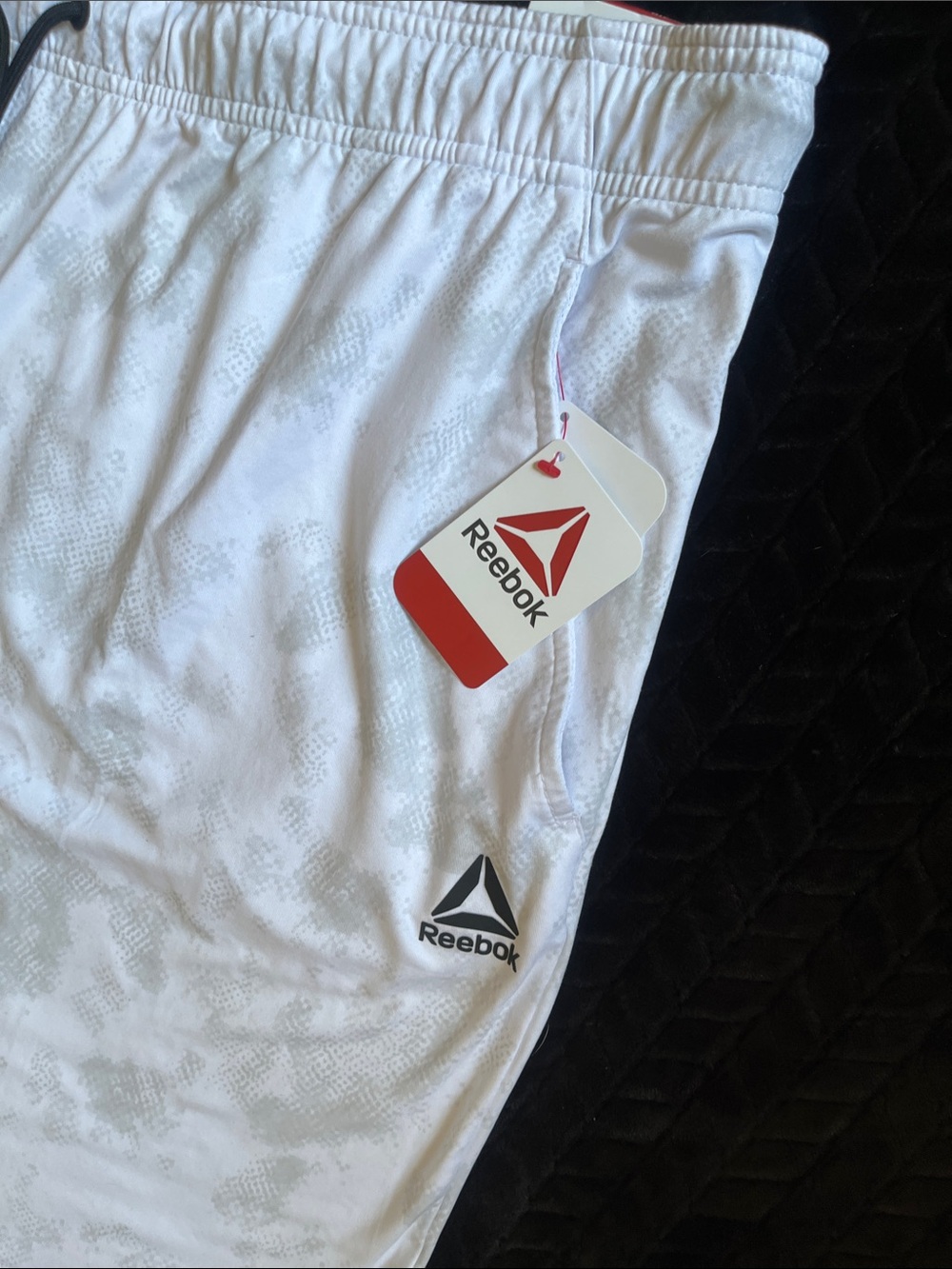 Reebok White Athletic Shorts with Light Gray Camo and Black Drawcord - Picture 5 of 8